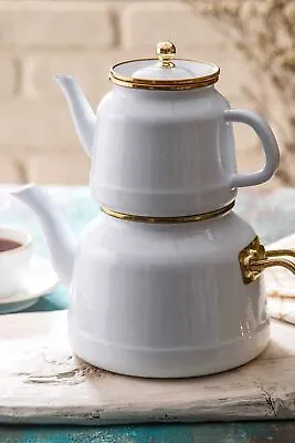 Induction Base White Enamel Teapot Set / Turkish Tea Pot Set • $203.58