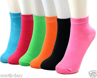 $7.29 • Buy 6-12 Pair Womens Multi Color Ankle Quarter Socks Solid Neon Fashion Thin  Cotton