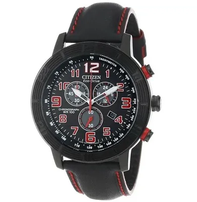 Citizen Eco-Drive Chrono Black Leather With Red Stitches Men’s Watch AT2225-03E • $169.95