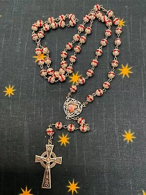 Silver Crimson Red Ruby Bead Divine Mercy Rosary Catholic Christian Prayer • $27