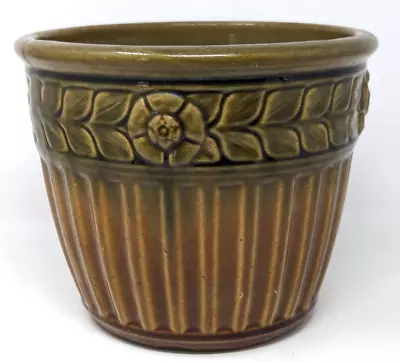 Antique Floral Majolica Pottery Green Brown Jardiniere Planter Pot Vase F24 • $79.99