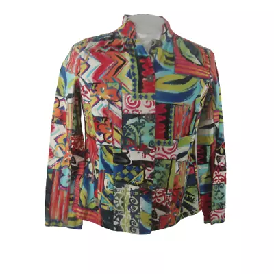 Chico's Women Jacket Sz 1 Colorful Vtg High Collar Nehru Fitted Cotton Abstract • $19.99