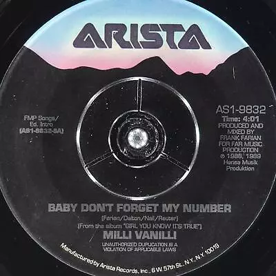 MILLI VANILLI Baby Don'T Forget My Number ARISTA AS1-9832 EX 45rpm 7  1989 • $5