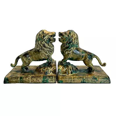 Vintage Painted Cast Iron Lion Book Ends Made In Japan Heavy Gold Green Black • £43.32