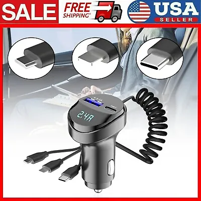 3 In 1 Retractable Car Charger Cable Dual Ports USB C PD Fast Charging Adapter • $10.89