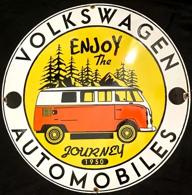 Vntg Art VOLKSWAGEN ENJOY THE JOURNEY 1950 PORCELAIN ENAMEL SIGN Rare Advert 30  • $199