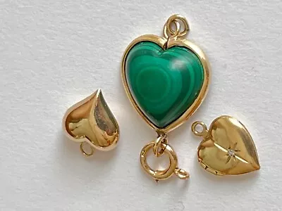 Vintage 14K GOLD Heart Locket Antique 10K Gold Malachite Heart Pendant LOT • $594