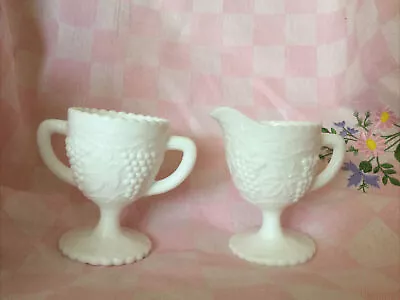 Imperial Glass White Milk Glass Embossed Grape Footed Creamer & Sugar Bowl Set • $9.95