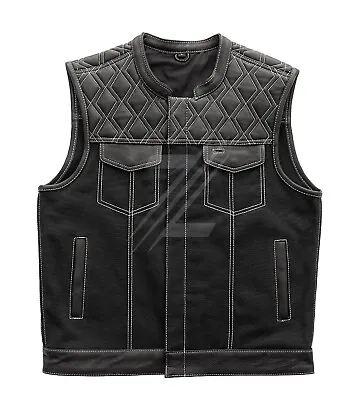 Diamond Quilted Motorcycle Bikers Vest Men's Canvas Cowhide Leather Vest Black • $162