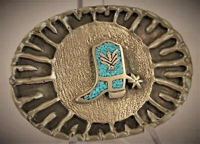 Vintage 1970's Blue Turquoise Colored Western Cowboy Boot Metal Belt Buckle • $5.99