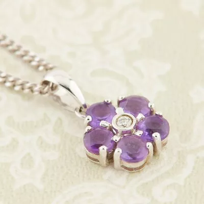 Amethyst And Diamond Flower Pendant - 9ct Gold • $530.22