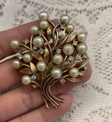 Vintage Crown Trifari Gold Tone Faux Pearl Rhinestone Tree Brooch • $129.99