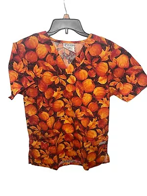 Scrub Top UA Scrubs FALL AUTUMN PUMPKINS Cotton Blend V Neck 19” Pit To Pit Med? • $13.04