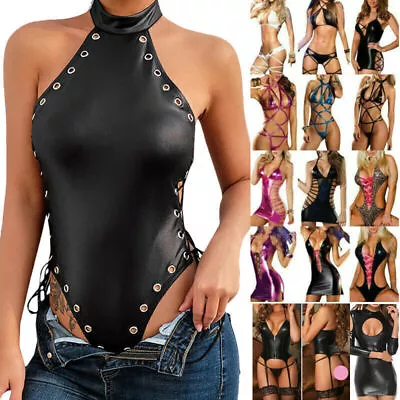$11.49 • Buy Women Sexy Leather Bodysuit Club Lingerie Wet Look PU Cosplay Erotic Clothes
