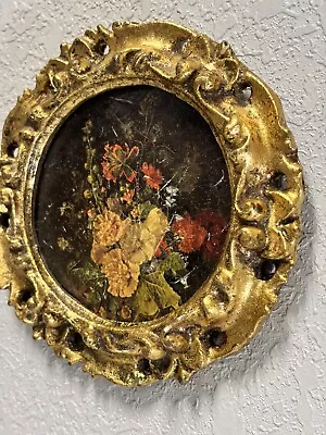 Vintage Italian Florentine Floral Gold Gilt Wooden Picture Made In Italy 5” • $20