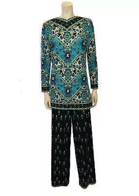 1970s 70s Vintage VTG Mr. Dino Blue Patterned Pant & Tunic Top / Mini Dress Set • $495