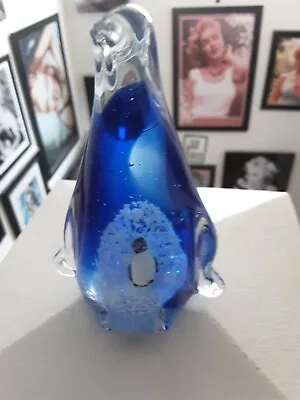 Vintage Murano Style Cobalt Blue Art Glass Penguin W Baby Chick Paper Weight • $10