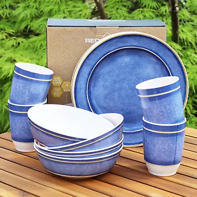 Camping Dinner Set 12 Piece Misty Blue Melamine Outdoor BBQ Motorhome Tableware • £32