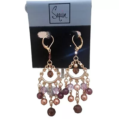 Sequin New York Gold Tone Beaded Multi Color Chandelier Leverback Earrings Nwt • $10.39