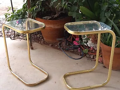 Vintage Pair Of Milo Baughman Style Brass & Glass Cantilever Side End C Table • $399.99