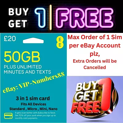 2x EE SIM Card PAYG Nano/Micro/Standard TRIO Mobile Phone SIM CARD Pay As You Go • £0.99