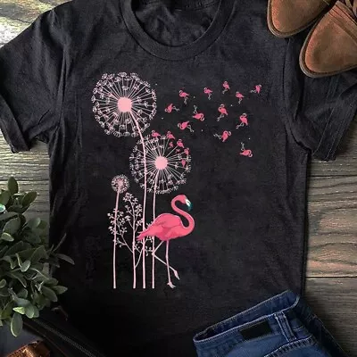 Flower Dandelion Exotic Animal Tropical Bird Pink Flamingo T-Shirt Flamingo Lov • $20.92