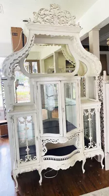 English Antique White Wood Curve Glass Curio Cupboard Ornate Display Cabinet • $25000