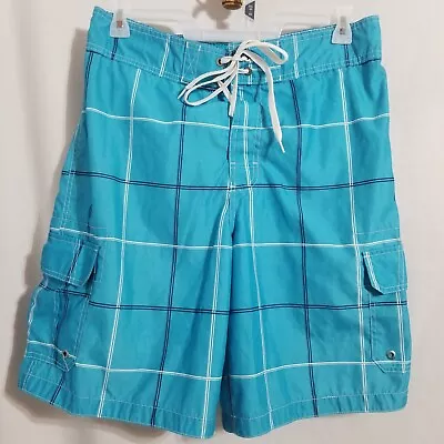 Merona Swim Trunks Men's L Mesh Liner Blue Plaid Pockets Elastic Waist Shorts • $9.77