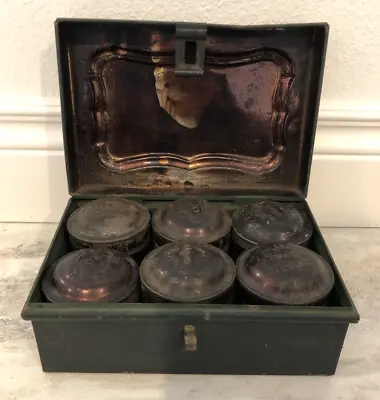 Antique Hinged Metal Spice Box With 6 Metal Canisters With Lids • $57.50