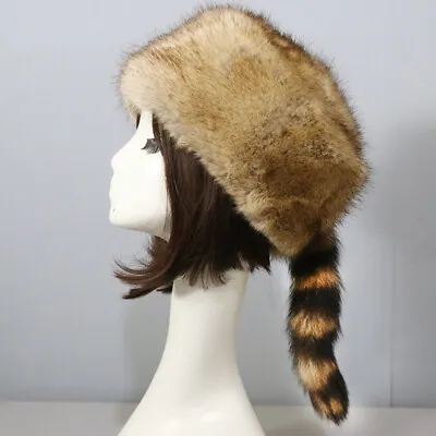 Novelty Faux Fur Raccoon Tail Hat Soft Wild Frontiersman Animal Coonskin Cap • $15.65
