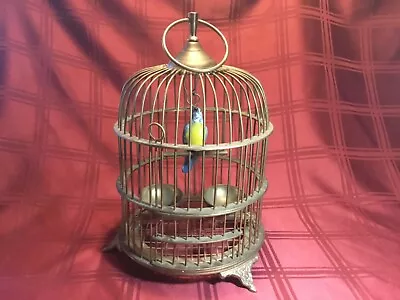 Vintage Heavy Gage Solid Brass Bird Cage 15 H 9.5 Dia. W/Perched Bird • $35