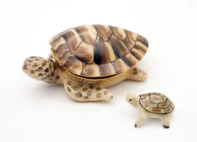 New French Limoges Trinket Box Brown Mother Sea Turtle W/ Removable Baby Turtle • $179.99