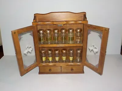 Vintage Wood Spice Cabinet Rack With Glass Apothecary Jars With Labels Drawer • $49.99