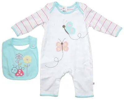 Baby Romper Playsit Bib Ladybird Butterfly Cotton Outfit Set Girls 3 - 12 Months • £8.99