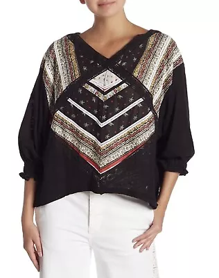 Free People Prairie Days Black Floral Panels Peasant Top Linen Cotton Size L • £27.44