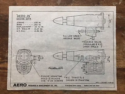 £16.35 • Buy Vintage AERO 35 ENGINE DATA Research Development C Blueprint 1963 Model Airplane