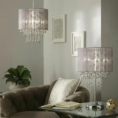 16  Silver Droplets With Grey Organza Fabric Ceiling Pendant Light Shade • £31.89