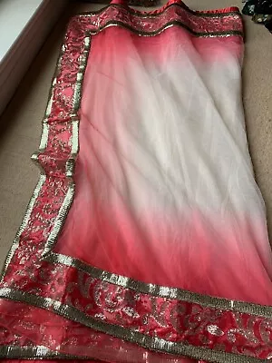 Womens Indian Pakistani Pink/white Net Sari Saree With Velvet Border • £53