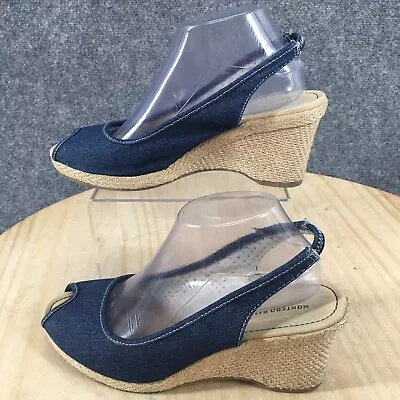 Montego Bay Club Sandals Womens 10 Casual Peep Toe Slingback Blue Fabric Wedge • $13.19