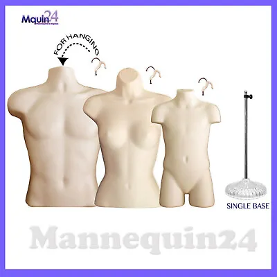 $78.95 • Buy 3 Dress Body Form Mannequins Male Female & Child Torso Set+ 1 Stand + 3 Hangers