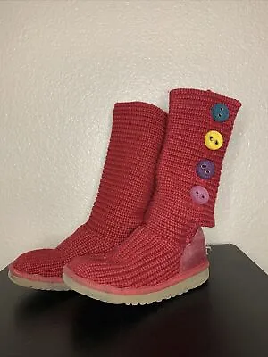 Ugg Button Tall Knit Cardy Button Boot Youth Big Kids Girls Size 1 Burgundy Red • $44.99