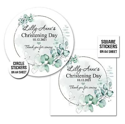 £3.49 • Buy Christening Stickers Personalised Botanicals Eucalyptus Silver Frame A4 Sheet X1