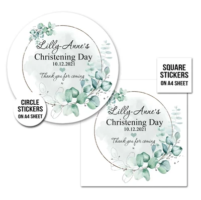 £3.49 • Buy Christening Stickers Personalised Botanicals Eucalyptus Silver Frame A4 Sheet X1