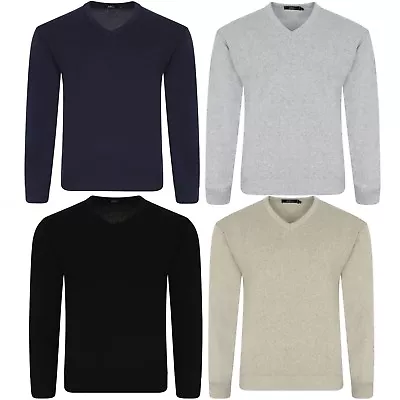 Mens Plain Knitted V Neck Pull Over Jumper Fine Cotton Knitwear Warm Sweater Top • £13.99