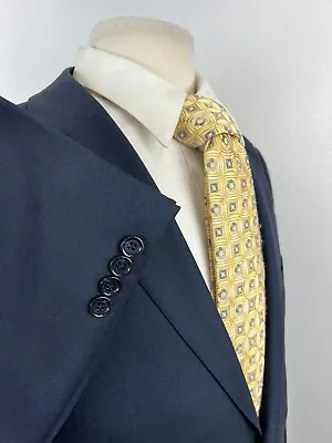 BYRON Men’s Navy Sharkskin Stitch Lapel Wool Suit Size 46 R Pants 40 X 27 • $124.98