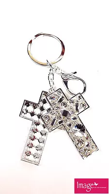 Diamante Double Holy Cross Keyring Key Christening Baptism Birthday Gift CROSS12 • $9.98