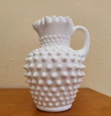 Vintage Crimped Ruffled Fenton Milk Glass Hobnail Pitcher Creamer 5.25” Tall • $19.99