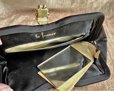 Vintage LA FRANCE Black Satin PURSE Black RHINESTONE Clasp Clutch Handbag Bridal • $16.46