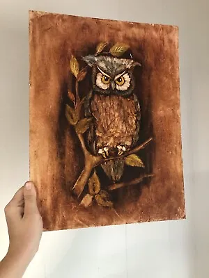 Vintage Angry Brown Owl Painting 12 X 16 Particle Board Picture Bird Portrait • $14