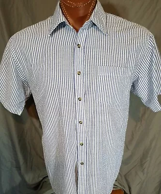 Haband Seersucker Short Sleeved Casual Shirt Blue White Striped Large L • $13.99